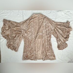 Umgee Floral Velvet Burnout Kimono Cardigan in Beige